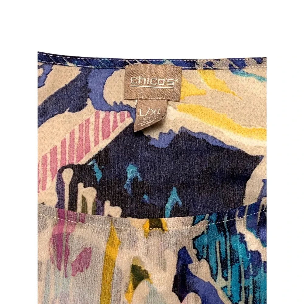 Chico's Women's Batwing Blouse Silk‎ Sheer Top Abstract Print Blue Yellow L/XL - Picture 4 of 6